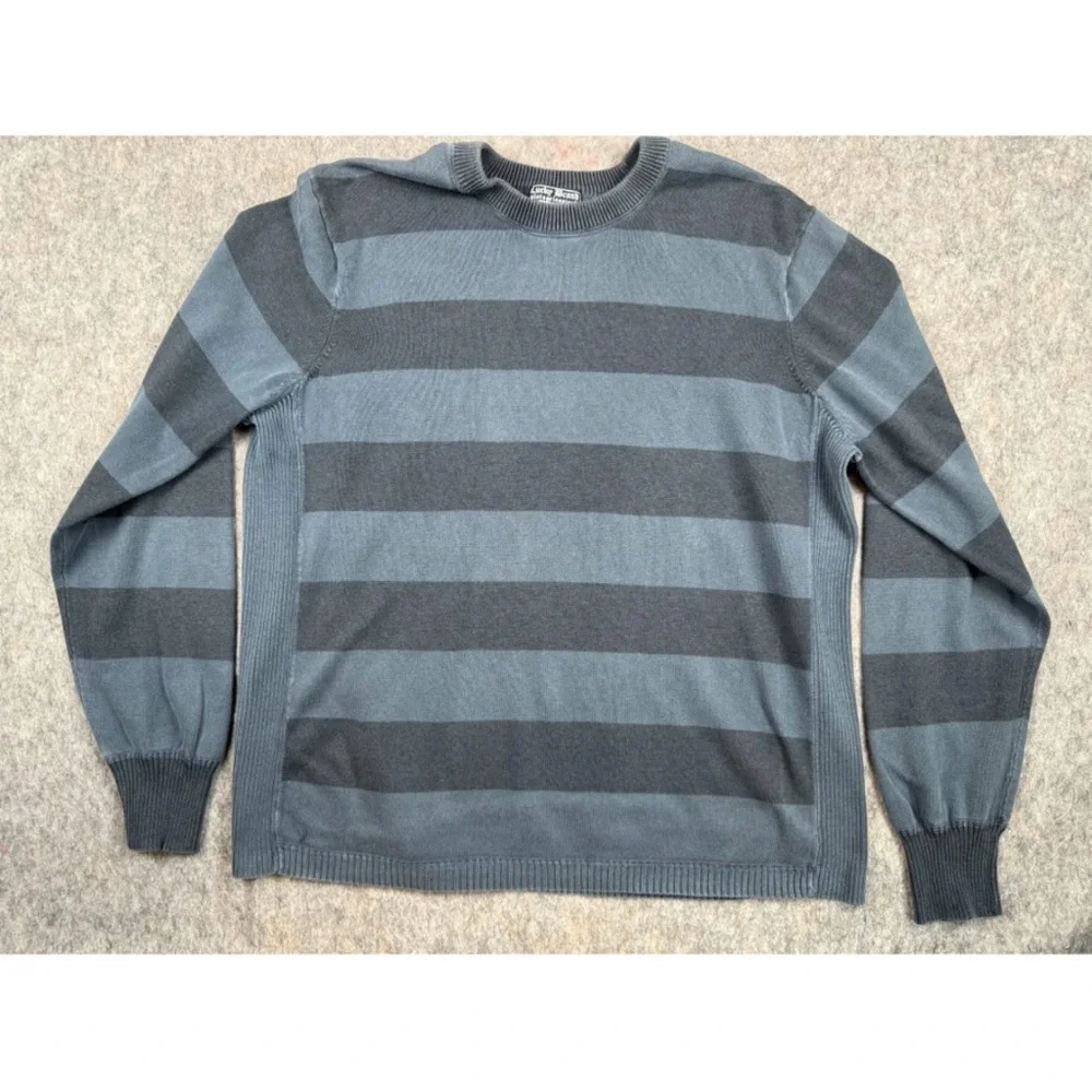 Lucky Brand Sweater Men XL Blue Black Striped Knit Classic Crew Neck Long Sleeve